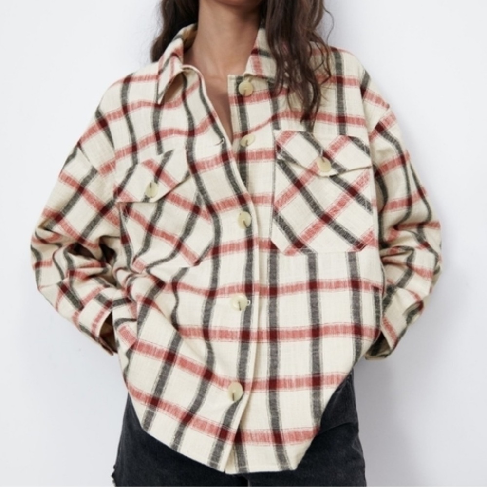 Zara Check Plaid Over-shirt Jacket Shacket. Red, Grey, Off White. Size XS